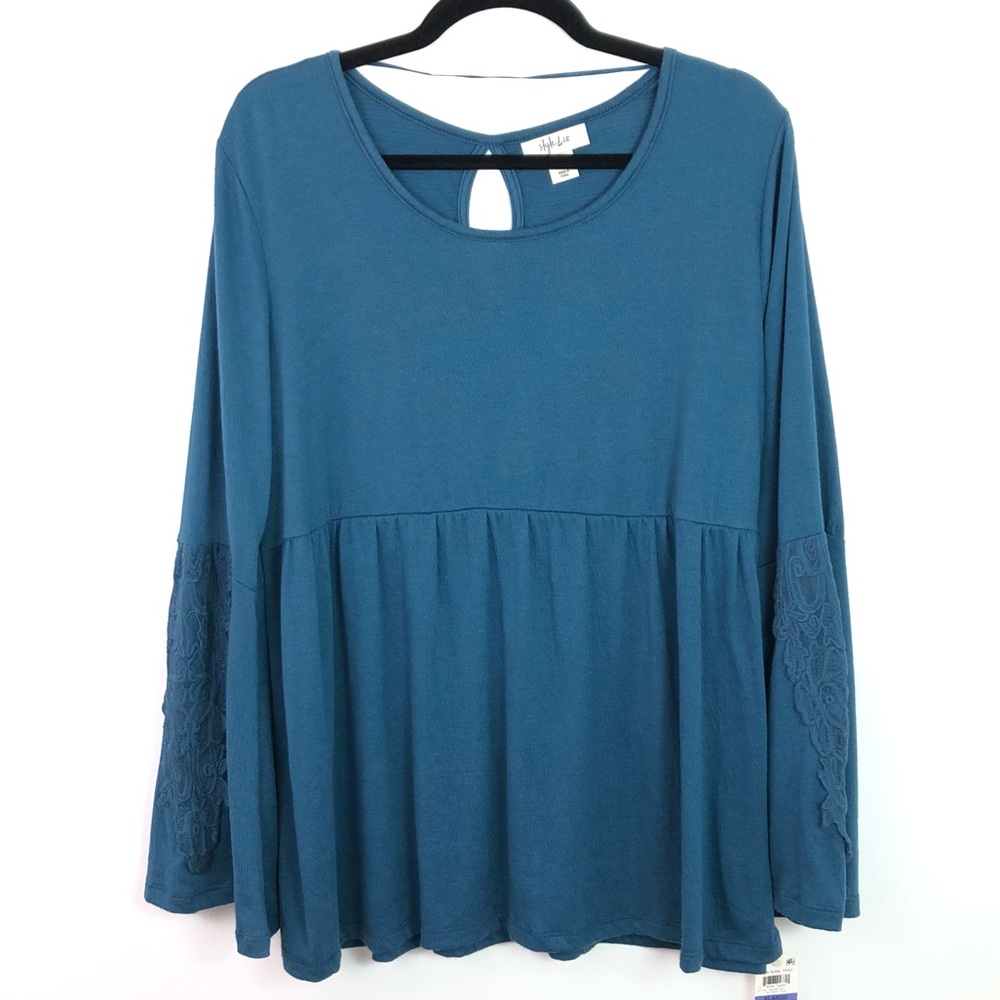 Style & Co Teal long bell sleeve with lace top
